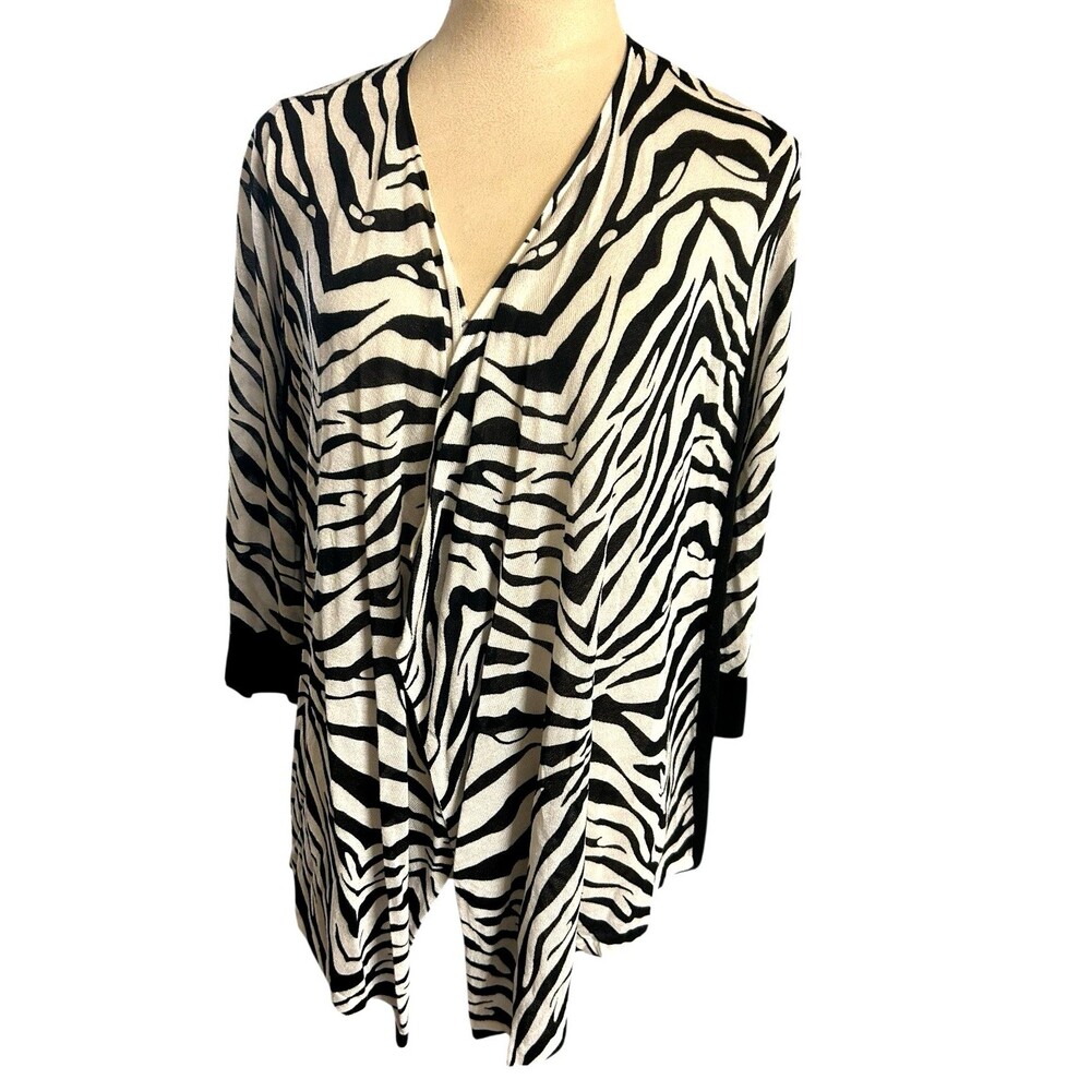 Chico's Vicki Cardigan Draped Open Front Sweater Abstract Black White Zebra 1/M